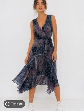 Tommy Hilfiger Paisley Navy Wrap-Style Midi Dress sz 10